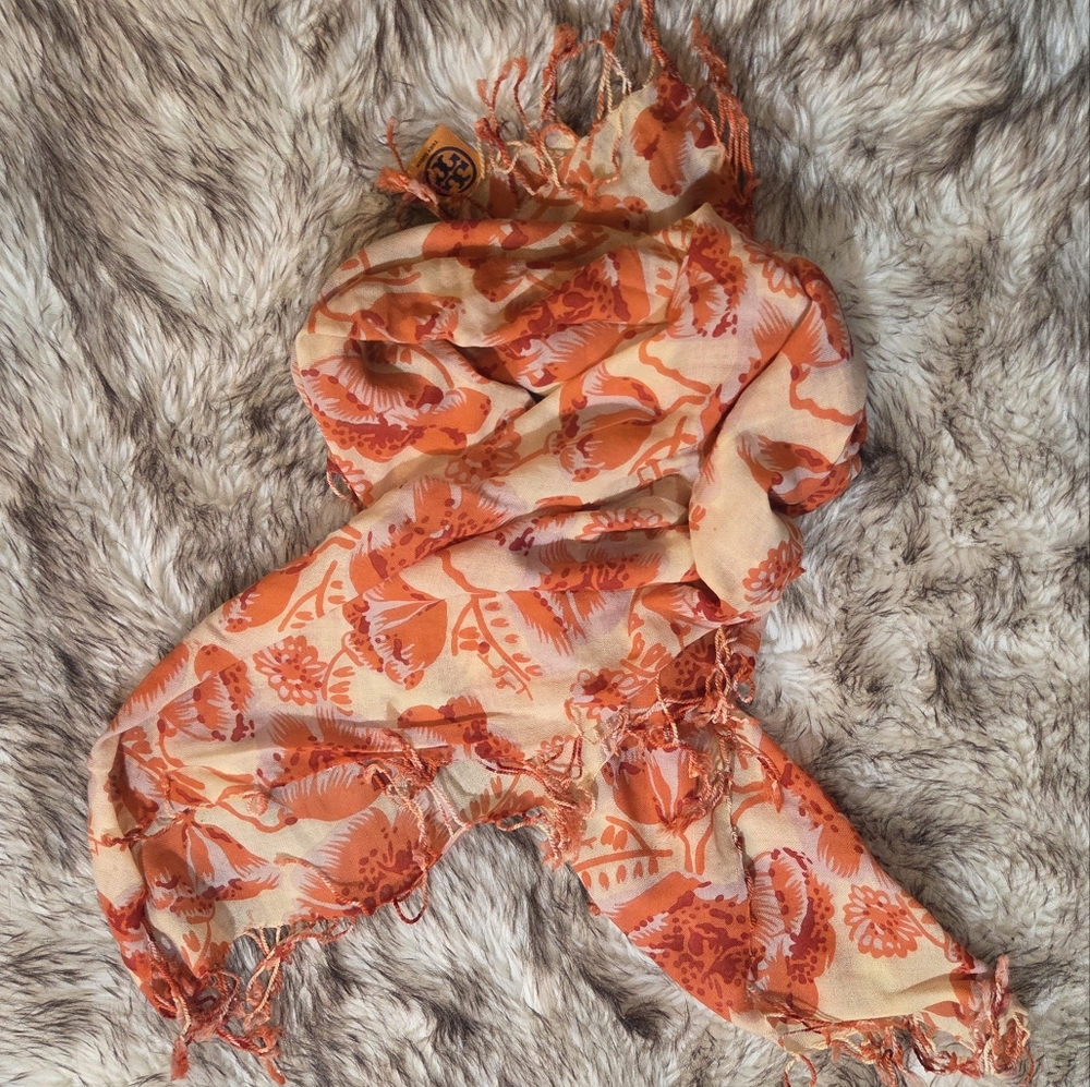 Tory Burch Square Orange Floral Scarf - Picture 2 of 7